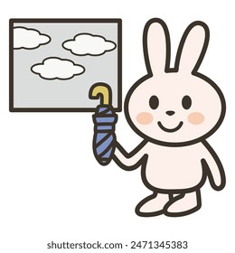 Clip art of rabbit preparing folding umbrella because it is about to rain