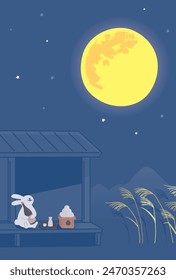 Clip de arte de conejo viendo la luna en el porche , Tsukimi ilustración de fondo