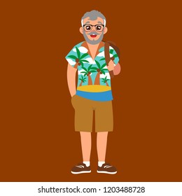 Clip Art Retired Old Man Wearing Glasses And Hawaiian Shirt On Vacation, Cartoon Design, Vector Illustration (male Set 7/10)