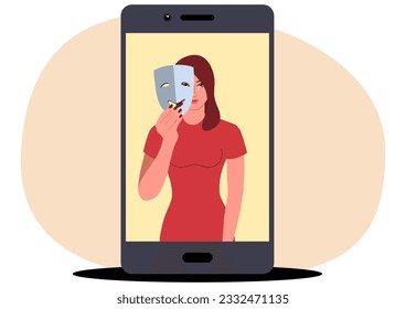 Clip art of a sad woman pretending to be happy by holding a happy face mask on a social media profile, dissemblance, pretend, hypocrite, falsity on social media concepts