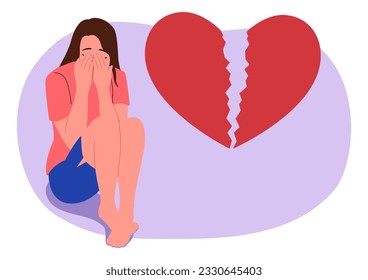 Clip art of a sad woman sitting on the floor with broken heart, vector illustration