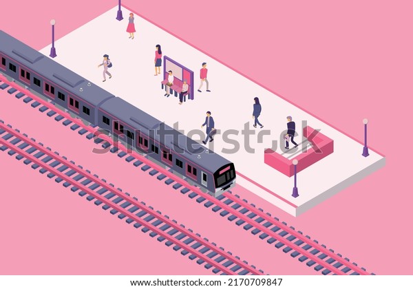 Clip art of a scene of\
people trying to board a train parked on a station platform.\
Isometric style illustration. Concept of commuting to work and\
school.
