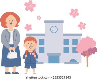 Clip art of school building and parent-child at entrance ceremony