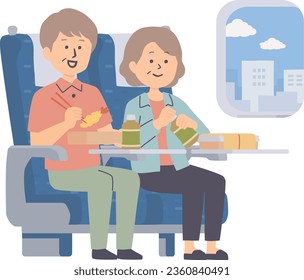 Clip art of senior citizen eating train lunch in shinkansen