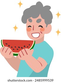 Clip art of senior male holding a watermelon in both hands