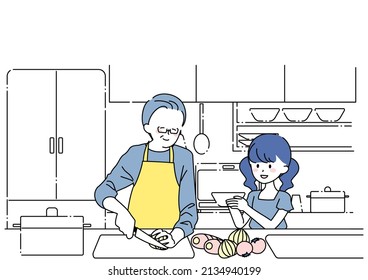 Clip art of a senior man cooking and his grandson helping him