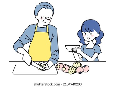 Clip art of a senior man cooking and his grandson helping him.