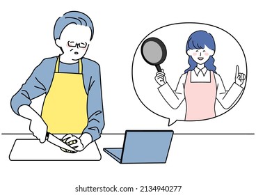 Clip art of senior man cooking while watching video on computer
