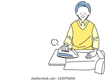 Clip art of a senior man ironing happily