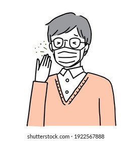 Clip art of a senior man sneezing and coughing with a mask on