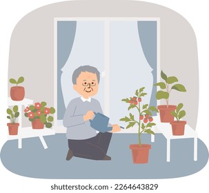 Clip art of senior man watering plants on balcony