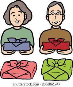 Clip Art Of Senior Man And Woman Holding Furoshiki Wrapping Cloth.