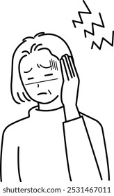 Clip art of senior woman with headache, line drawing.