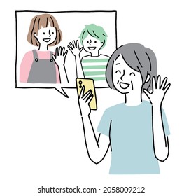 Clip art of a senior woman making a video phone call with her grandchild.