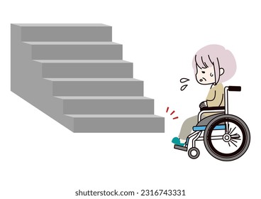 Clip art of senior woman in wheelchair who cannot climb stairs