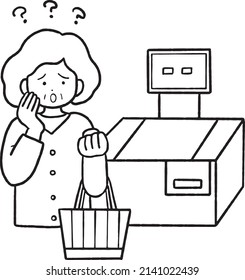 Clip Art Of Senior Woman Who Cannot Use Self Checkout, Line Art.