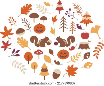 Clip Art Set Of Autumn Plant And Squirrel.