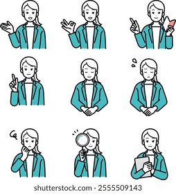 Clip art set of business person woman in various poses.