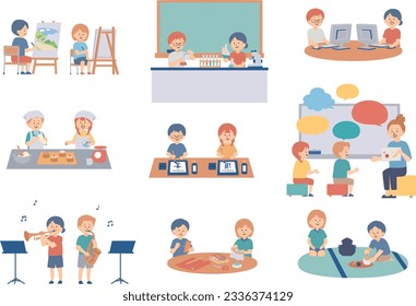 Clip art set of children in club activity in elementary school