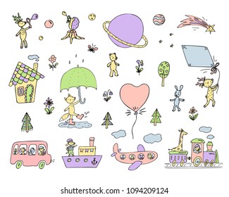 Clip art set of cute animals, transport, flowers, trees, small house, planets. Vector illustration.