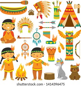 Clip art set with cute native American kids, animals and traditional items