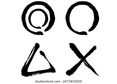 Clip art set of double circle, circle, cross, and triangle with brush touch