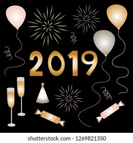 Clip art set of elements for new years eve including fireworks, champagne, ballons, party crackers, party hats, and party streamers. Great for textile print, invitations, or packaging. Vector file.