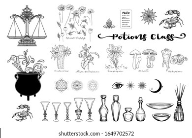 Clipkunst, Set von Elementen für die Tränenklasse mit Kessel, Weingläser, Flaschen, Zauberpflanzen und heilige Geometrie und Symbole. Illustration zur Vektorillustration.