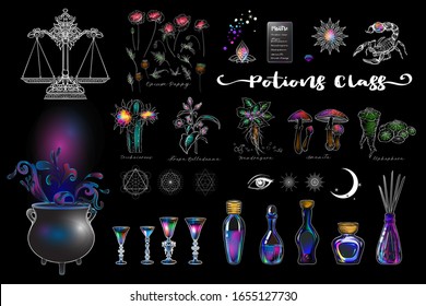 Clipkunst, Set von Elementen für die Tränenklasse mit Kessel, Weingläser, Flaschen, Zauberpflanzen und heilige Geometrie und Symbole. Farbige Vektorillustration.