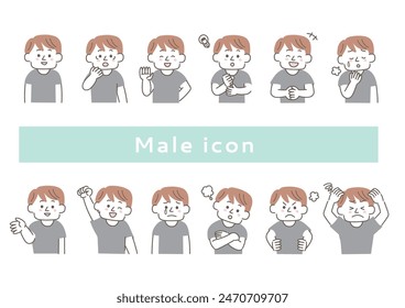 Clip art set of facial expression of man in black T-shirt