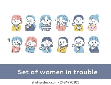 Clip art set of female expression feeling anxiety