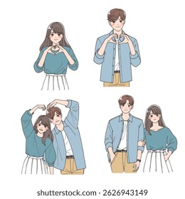 Clip art set of a friendly couple making a heart with their hands or a heart gesture with their arms.