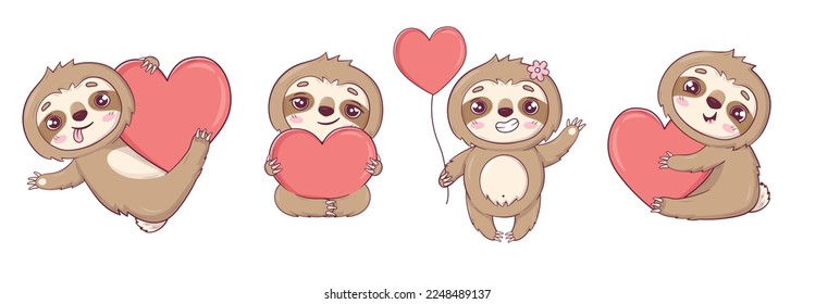 Clip art set with funny sloths in love, hugging, with gifts and hearts for Valentine's Day