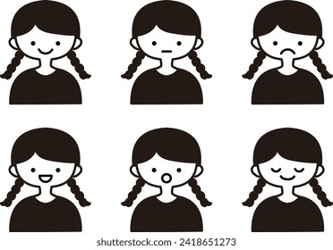 Clip art set of girl with braids of various expressions