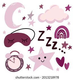 Clip art set of good night sleep nap design elements - moon, cloud, stars, sleeping mask, boho rainbow, zzz symbol, clock, smiling star etc. Cute vector graphic clipart hand drawn collection isolated.