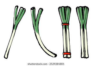 Clip art set of green onion with brush touch