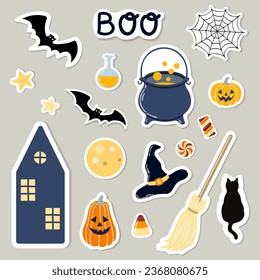 Clip art set of Halloween stickers on isolated background. Hand drawn witch hat, broom, black cat, pumpkins, potion pot, candies, cobweb, in traditional colours for Halloween celebration.