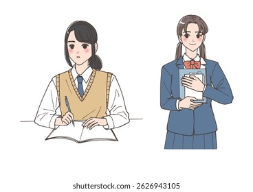  Clip art set of high school girls studying