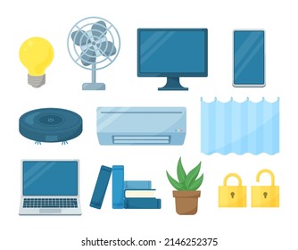 Clip art of a set of home electric appliances. Design elements of electrical appliances for daily life. Vector illustration set.