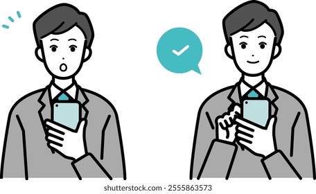 Clip art set of male businessperson clicking smartphone.