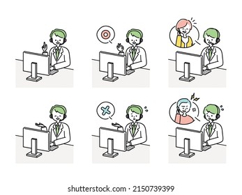 clip art set of male operator working in call center