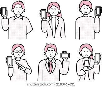 Clip art set of men and women holding smartphone in their hands.