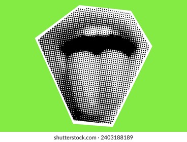 Clip art set Mouth and lips, smile, tongue, dots Punk y2k black and white collage elements, on colored background Retro
