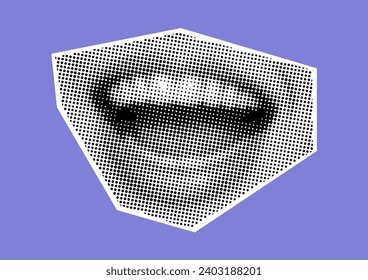 Clip art set Mouth and lips, smile, tongue, dots Punk y2k black and white collage elements, on colored background Retro