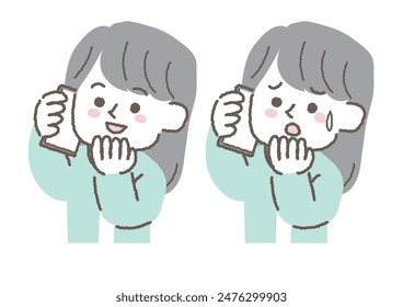 Clip art set of office casual woman in trouble making a phone call and smiling office casual woman