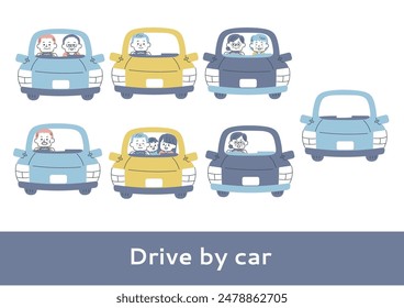 Clip art set of people in various cars