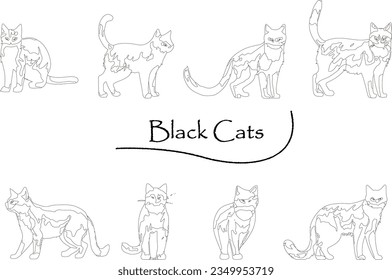 Clip art set of realistic black cat_line drawing