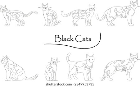 Clip art set of realistic black cat_line drawing