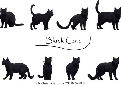 Clip art set of realistic black cat_painting