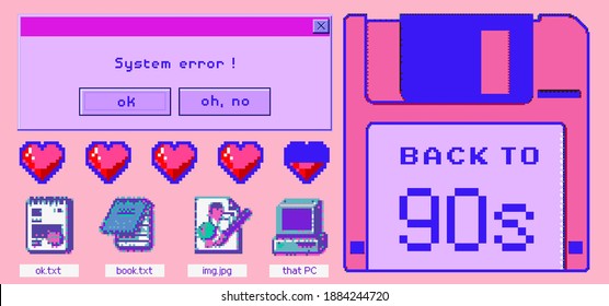 Clip art set of retro pixelated graphics: message box, pixel hearts and icons. Back to the 80's-90's style elements.